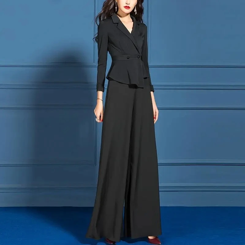 Black Wide Leg Pants Set For Women New Spring Autumn Fashion Temperament Style OL Female Trousers Suits Korean Elegant Outfits