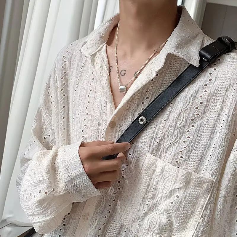 Lapel Hollow Out Men Shirt Korean Style 2025 Summer New Men's Long Sleeve Male Cardigan Clothing