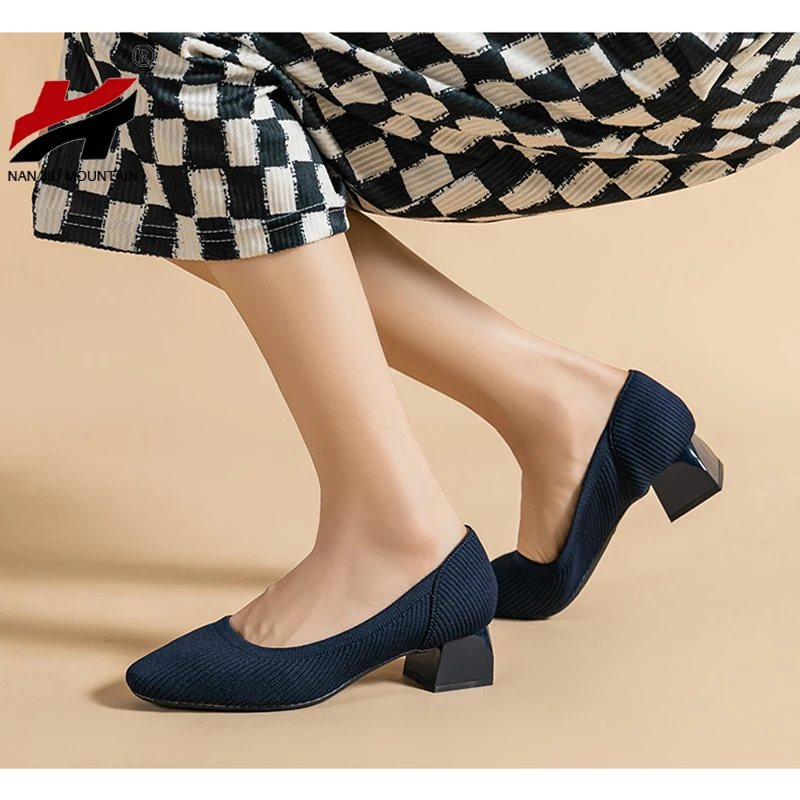 Solid Color Single Shoes Women Low-Heeled Square Toe Shoes 2023 New Fashion Spring Autumn Knitting Shoes Plus Size 43