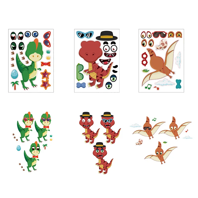 6 Sheets/Set Cartoon Dinosaur Make A Face DIY Stickers for Children Gift Do-it-yourself Assembly Game Sticker Decoration