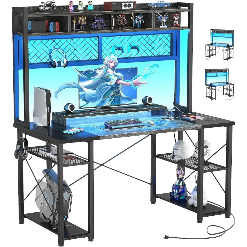 2024 Upgrade Gaming Desk with Hutch, 48'' Magic Computer Desk with LED and Outlets, Reversible Workstation Desk with Pegboard