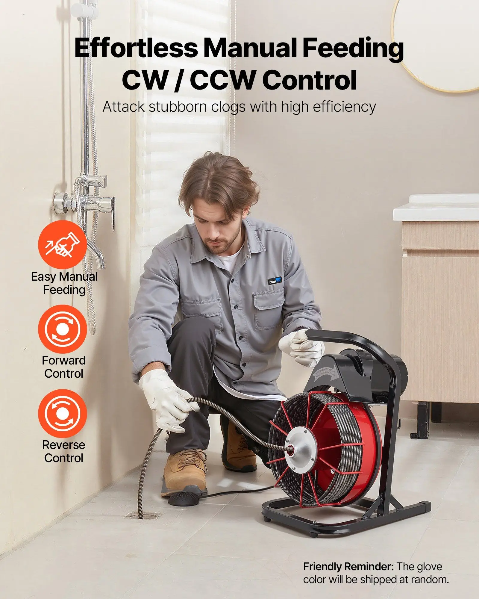 Drain Cleaner Machine 75 FT x 3/8 Inch, Sewer Snake Auger Manual Feed with 4 Cutters & Air-activated Foot Switch for 2