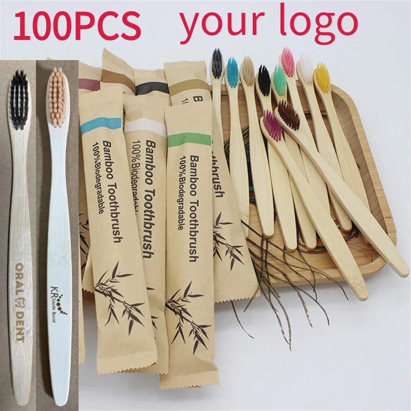 100 PCS Bamboo Toothbrush  Eco Friendly Bambus Vegan Tooth Brush Portable Adult Wooden Bambou Travel Toothbrushes