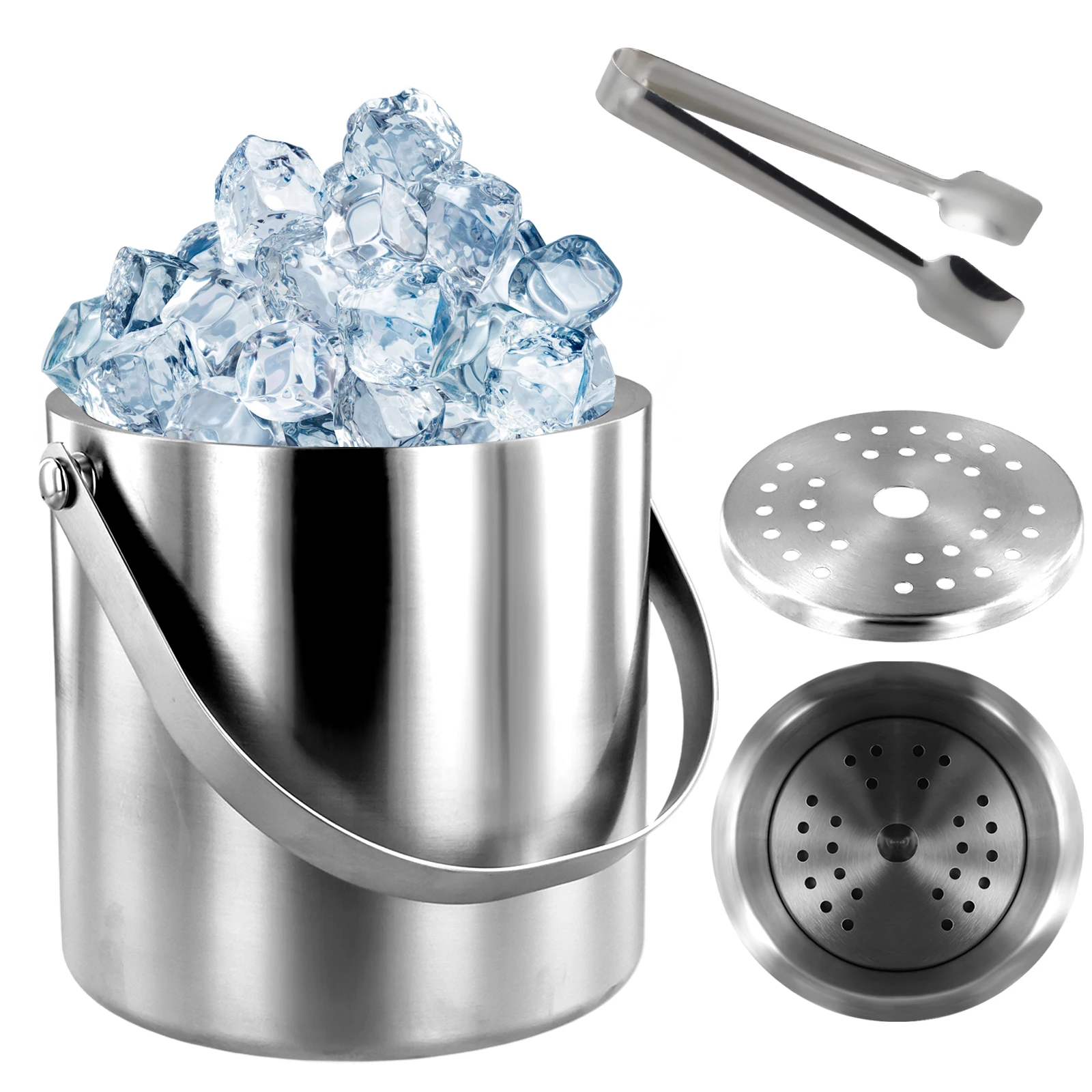 Insulated Ice Bucket with Silicone Lid, Tongs & Strainer, Double Wall Stainless Steel Ice Bucket for Parties and Bar Ice Bucket