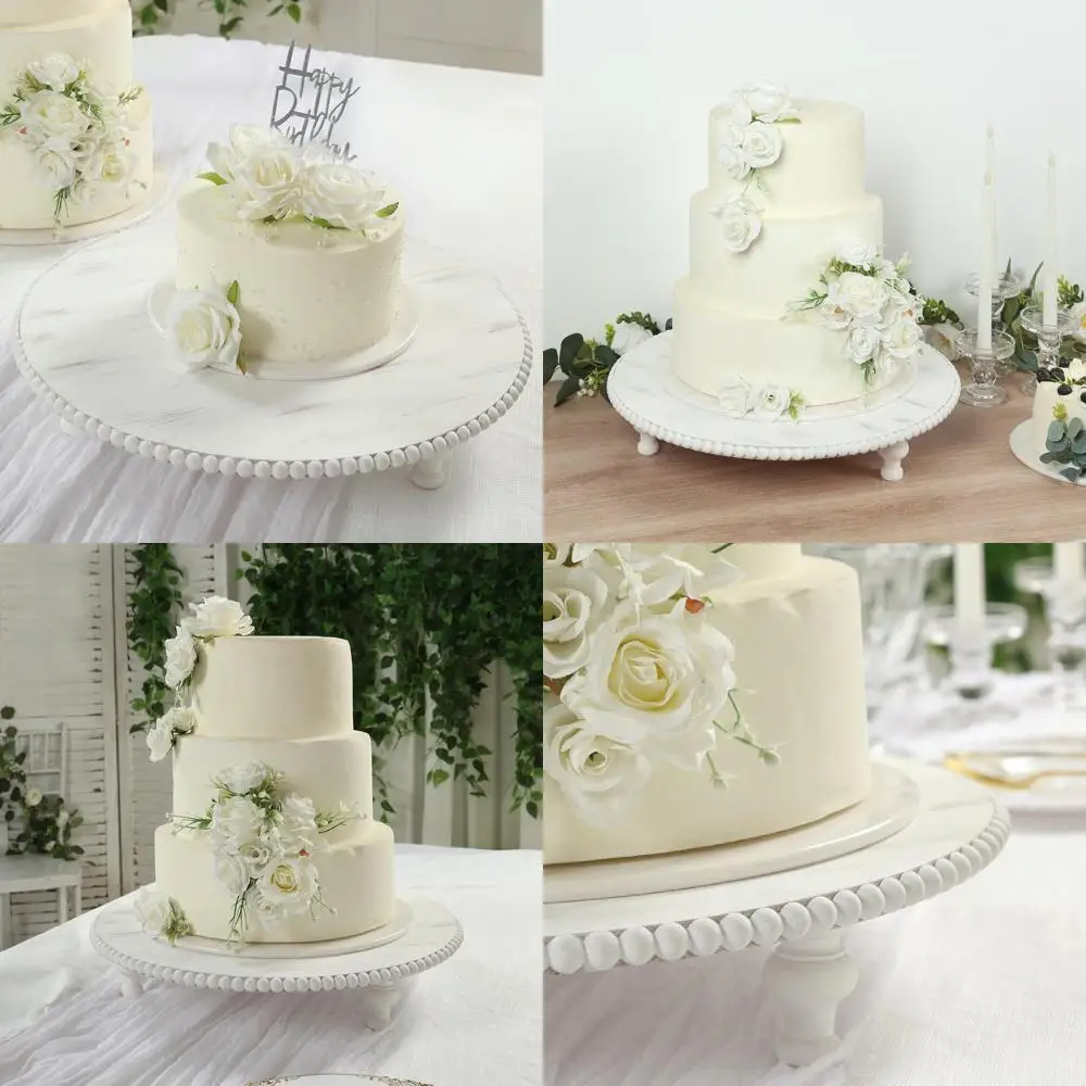 

Wooden Cake Stand with Beaded Riser - 18 Inch Antique White, Rustic Wood Slice for Cupcake Display