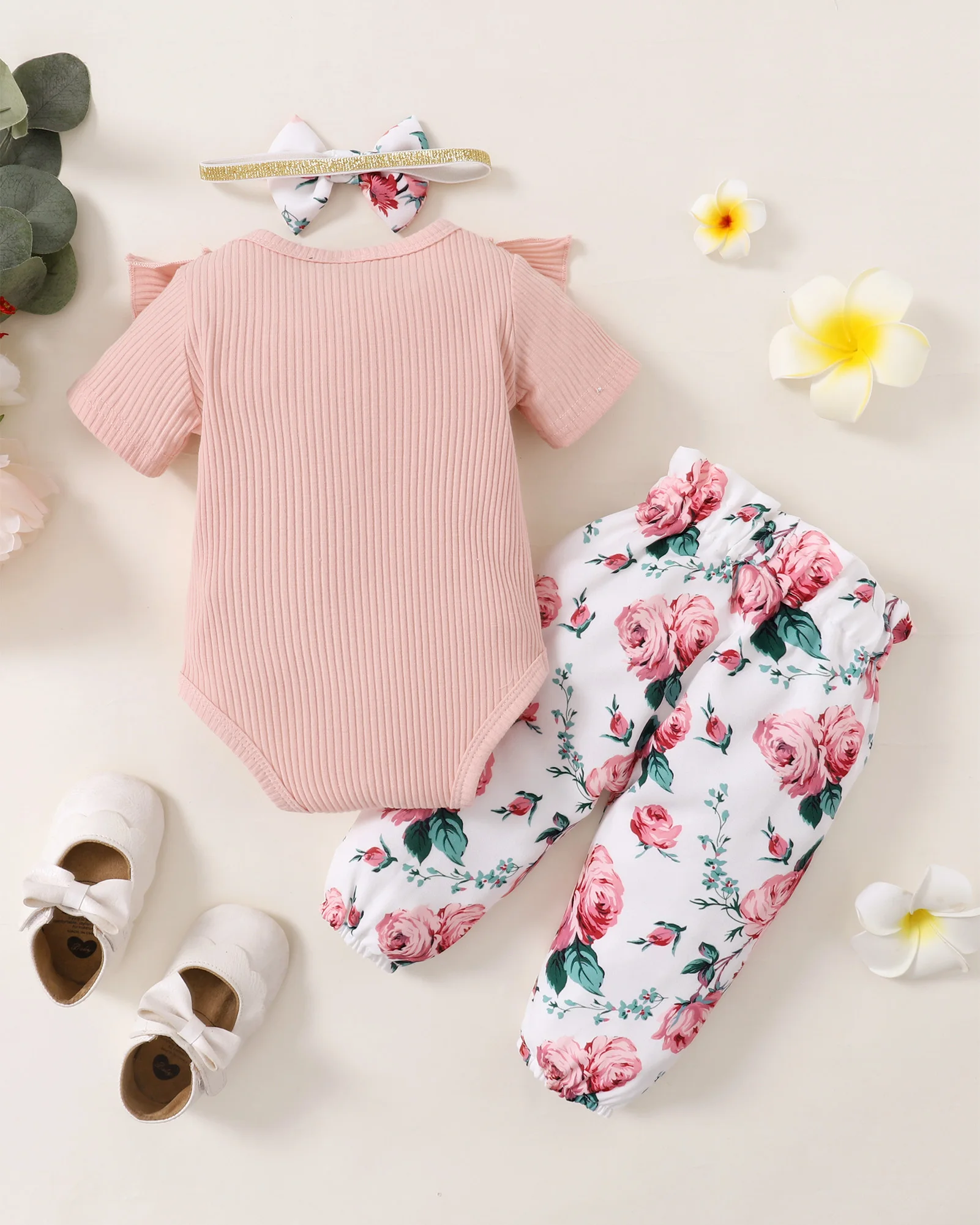 Newborn Baby Girl 3PCS Clothes Set Little Girl Short Sleeve Romper+Flowers Pant+Bowknot Headband 3-18Months Toddler Girl Outfit