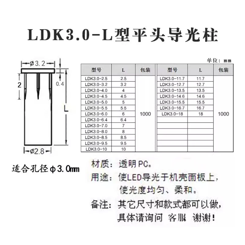 PC transparent light guide column 2.5MM-18MM lamp tube suitable for 3MM LED LED lamp tube lampshade replacement flat head