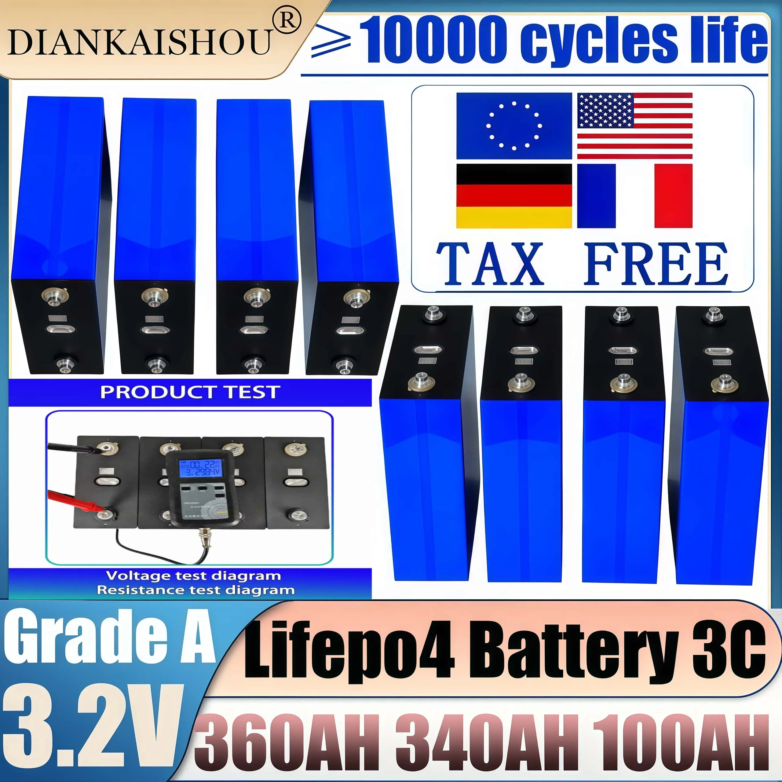 

A-class 3.2V 360AH 340Ah 100Ah Rechargeable LifePO4 Battery 10000 Cycle life DIY 12V 24V 48V for RV EV Boat Cell duty-free