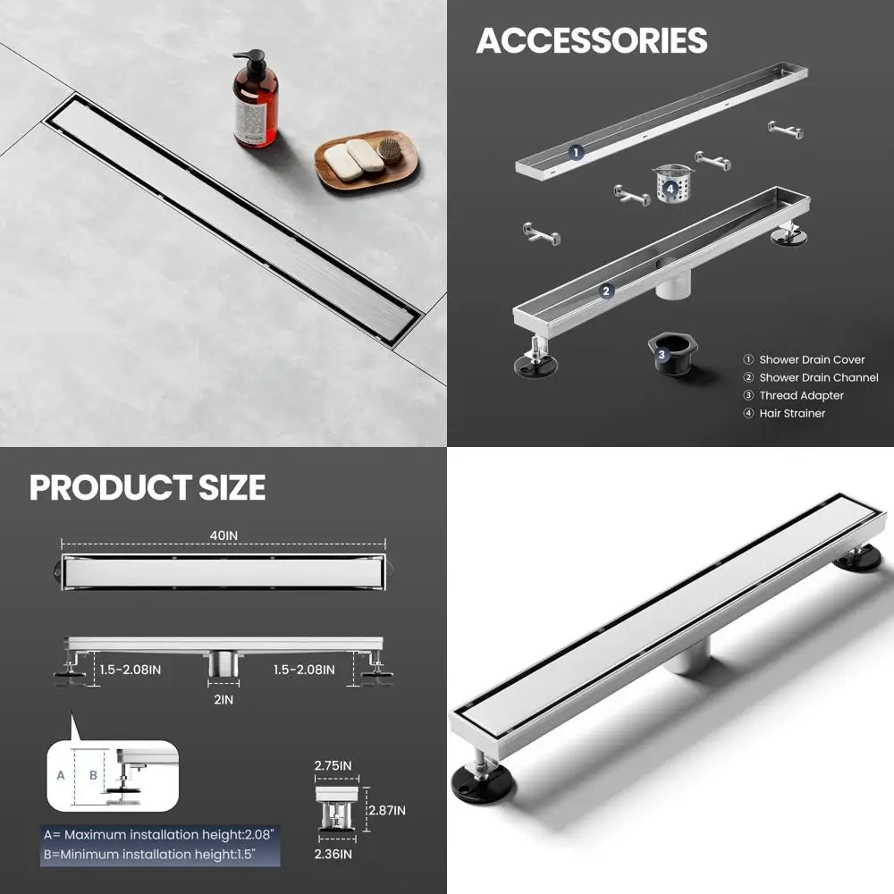 

40 Inch Linear Shower Drain in Brushed AISI 304 Stainless Steel with Tile Insert Panel for Bathroom and Kitchen Use