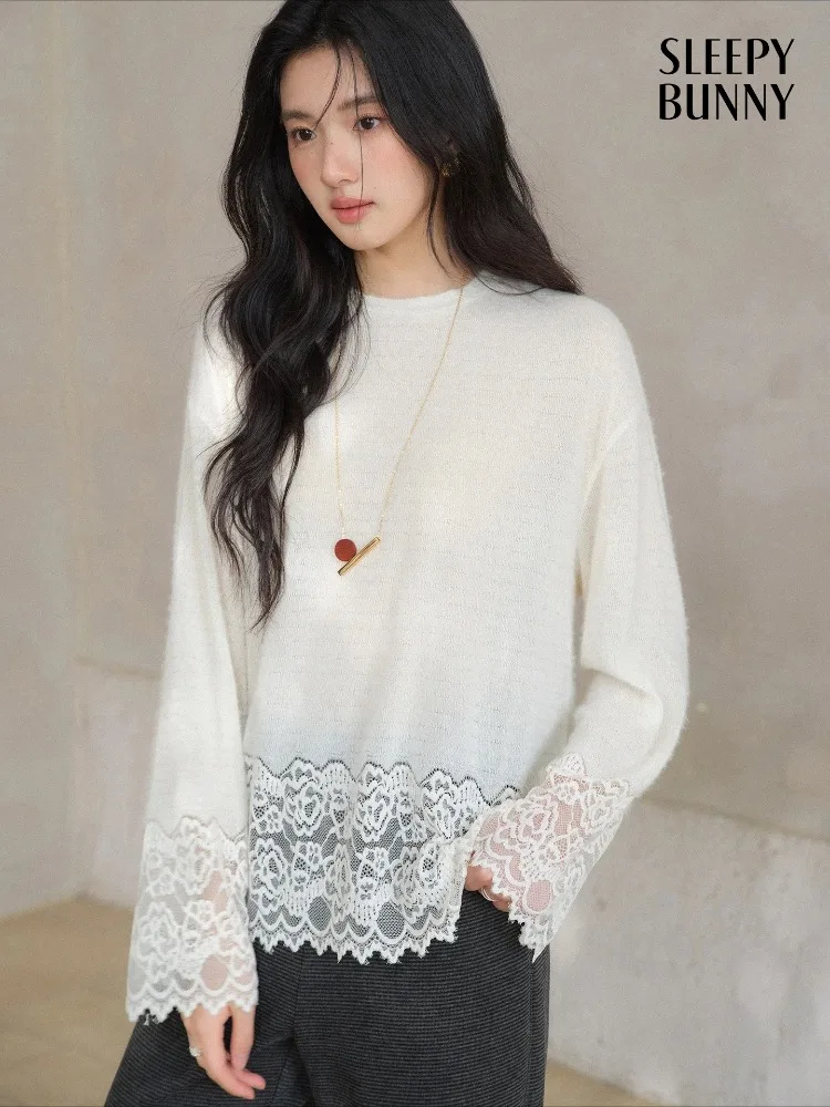 

Romantic Lace Trim Turtleneck Top Women Slim Fit Knit Pullover Elegant Soft Long Sleeve Base Layer for Winter Office Daily Wear