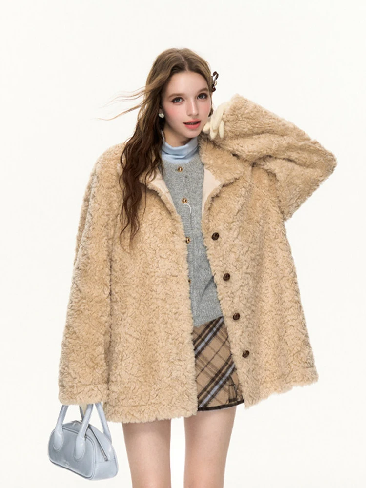 Faux Lamb Cute Coat Women Winter Thick Warm Sweet Preppy Style Loose Jacket Fashion Long Sleeve Stand Collar Single Breasted Top