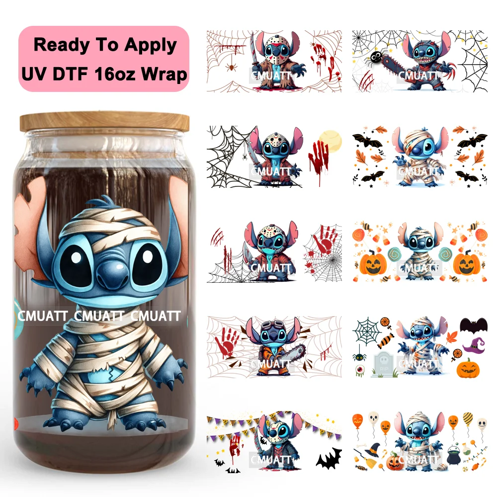 

Cartoon Killer Halloween Spiderweb Ghost UV DTF Wraps Transfer Sticker Waterproof High Quality For 16OZ Libbey Glass Can Tumbler