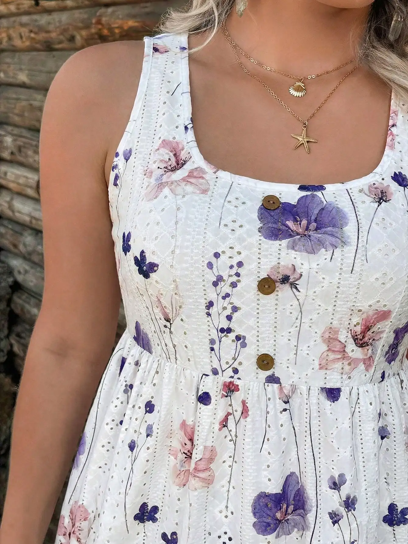 

Floral Print Eyelet Lace Sleeveless Top With Buttons Cinched Waist