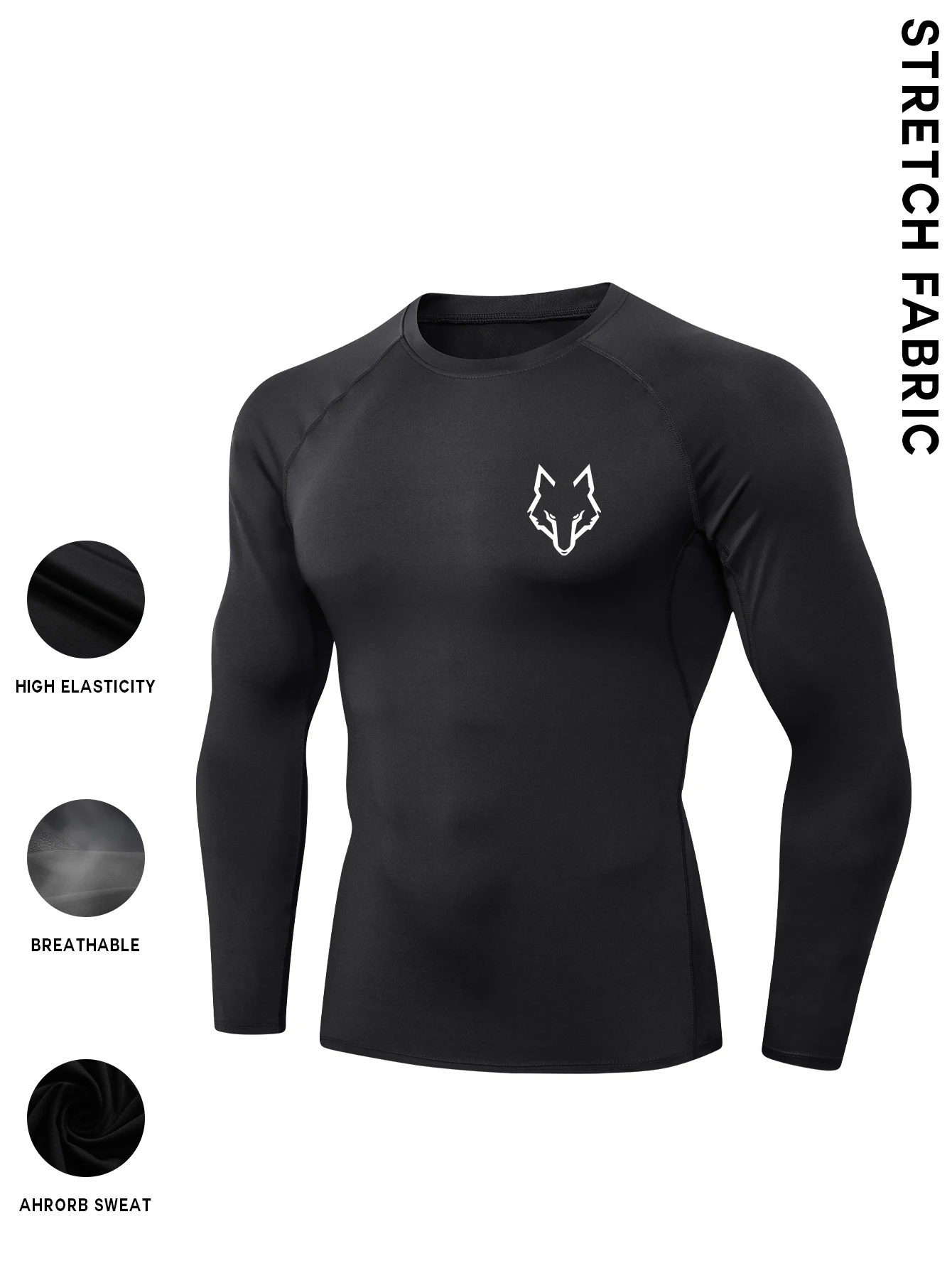 

Men's black compression shirt - long sleeve exercise top, wolf head logo elastic fabric, tight fitness training suit.