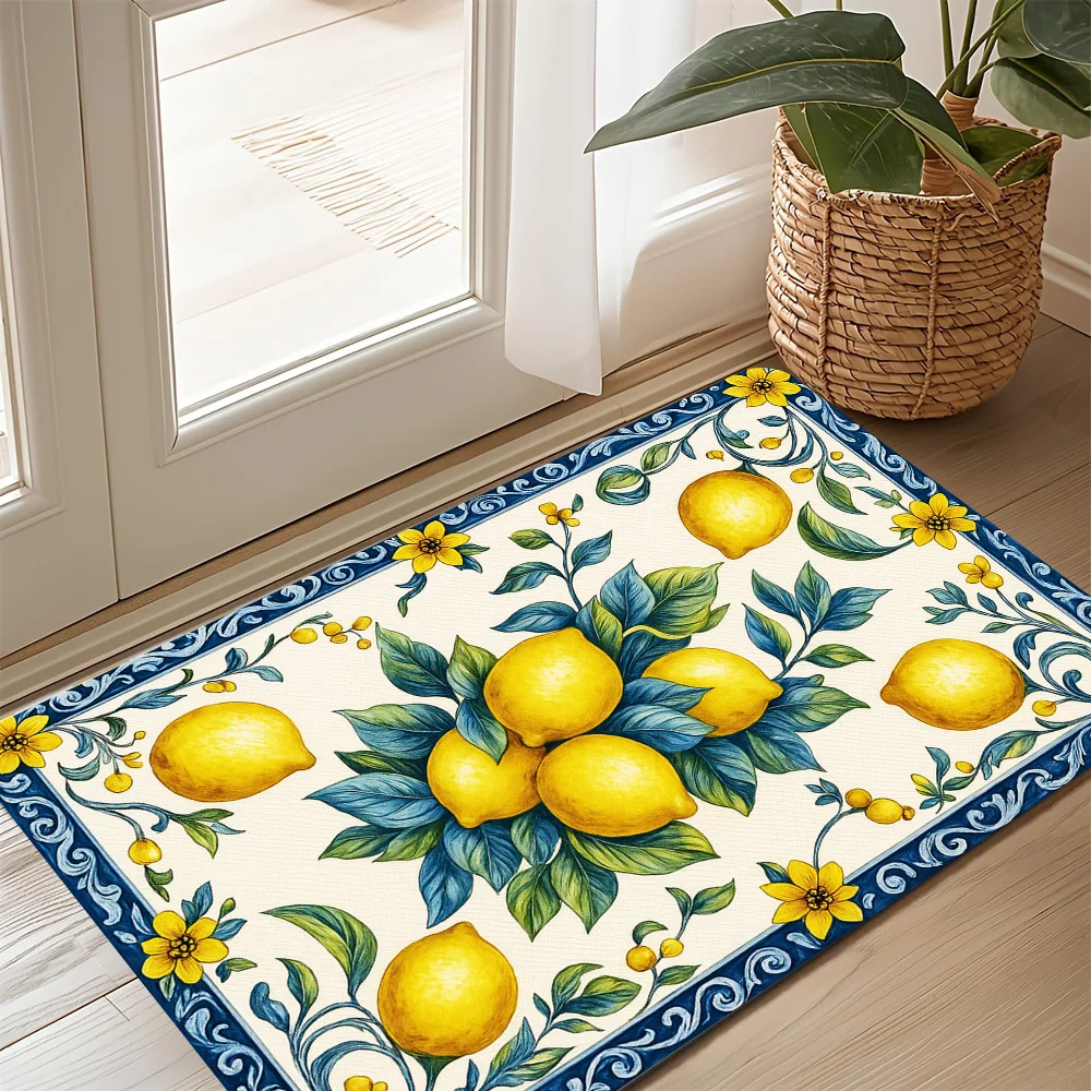 Blue and White Lemon Printed Entrance Doormat Anti-slip Area Rug Carpet for Bathroom Bedroom Living Room Home Decoration