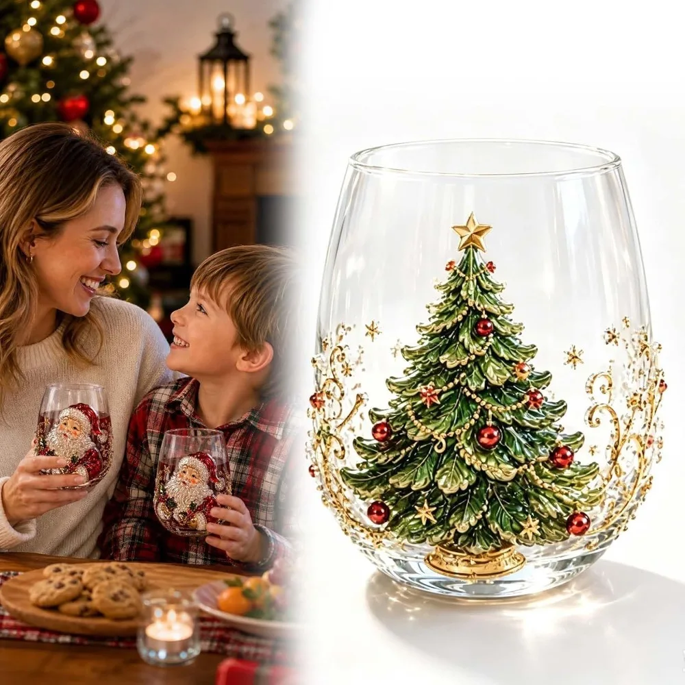 3D Christmas Glass Art Cup Santa Snowman Reindeer Tree Drinking Glasses Christmas Wine Glasses 3D Glass Cup for Christmas Gift