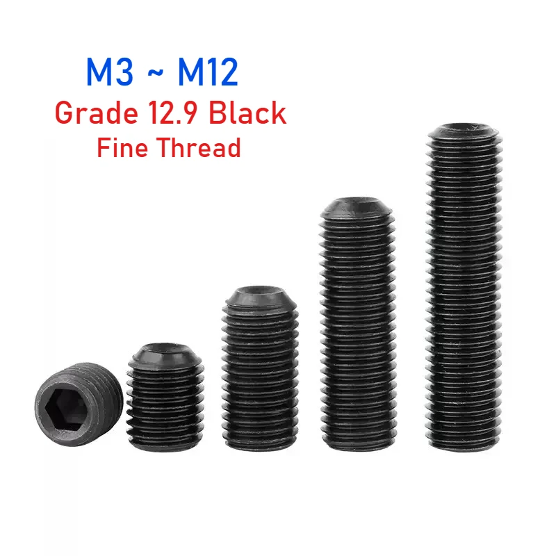 M3~M12 Grade 12.9 Black Fine Thread Set Screw With Concave Head Set Screw without Head Pitch 0.35/0.5/0.75/1.0/1.5mm