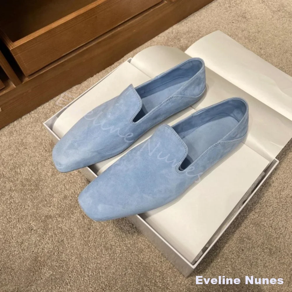 Men Light Blue Suede Leather Loafers Square Toe Slip On Flat Shoes Minimalist Soft Sole Casual Lazy Office Daily Wear Shoes
