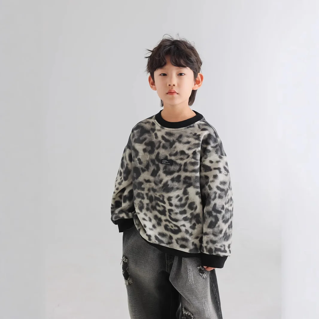 Children Clothing Kids Leopard Print Personality Hoodies 2025 Spring New Boys Handsome Loose Comfortable All Match Pullover