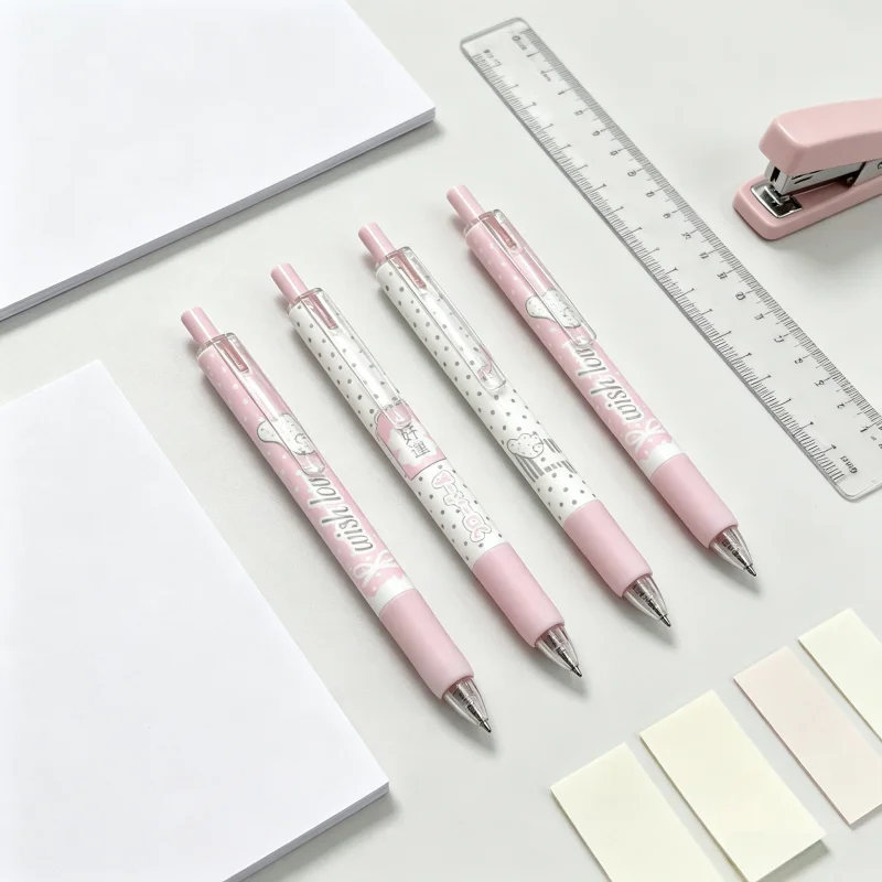 Angel Wings Polka Dot Bow Retractable Gel Pen Quick‑Dry 0.5mm Black ST Tip Cute Gel Ink Pens 4Pcs Set For Student Exam Note Taki