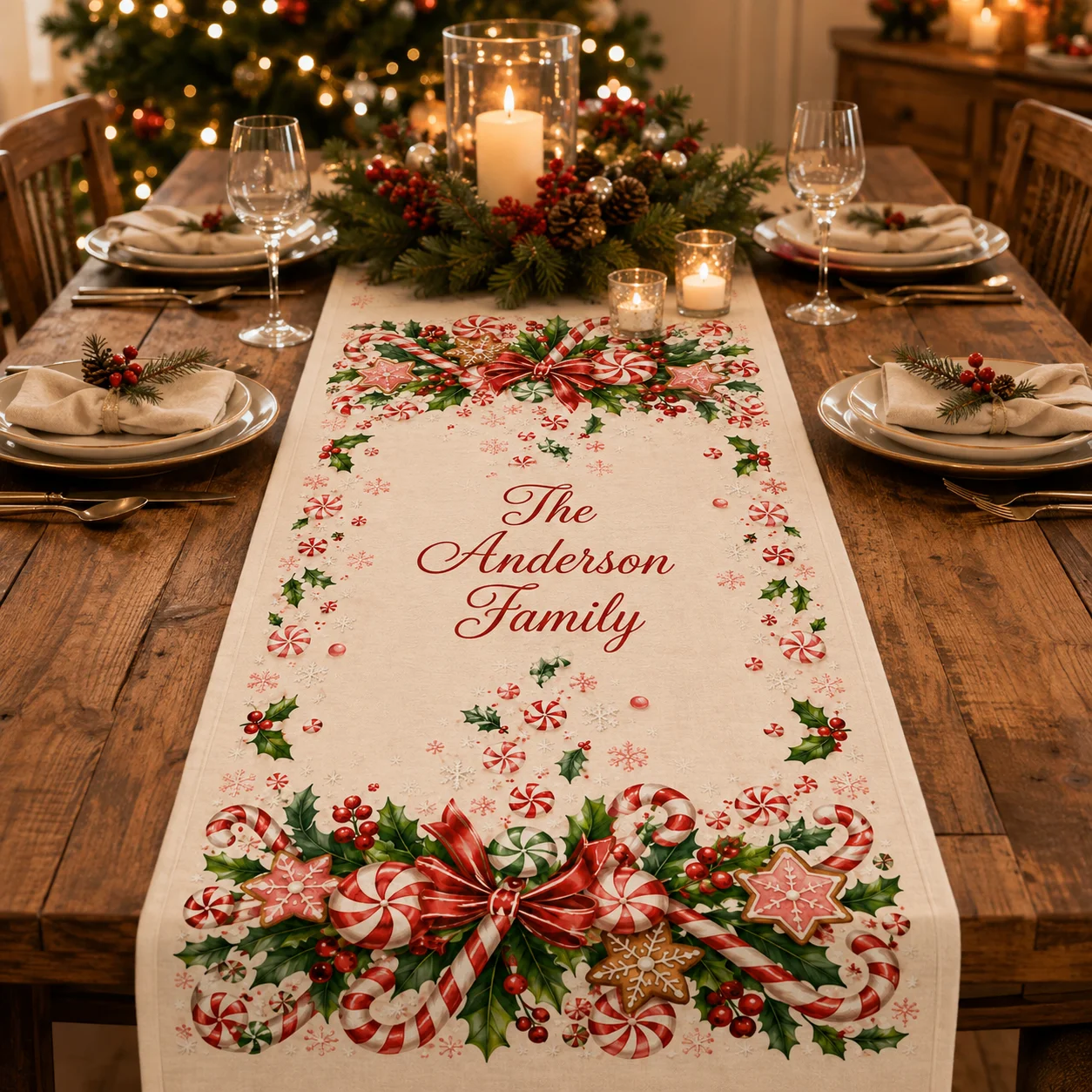 Personalized Christmas Table Runner Custom Family Name Candy Cane Peppermint Gingerbread Holiday Festive Christmas Table Decor