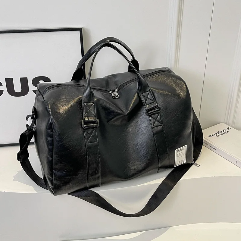 1pcs PU Leather Gym Duffel For Men Multi Compartment Side Shoe Pocket Portable Overnight Travel Hand Carry Bag
