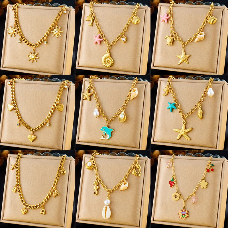 

New Fashion Women Personality Ocean Series Chokers Necklace Dropshipping Thick Chain Stainless Steel Jewelry Necklaces Wholesale