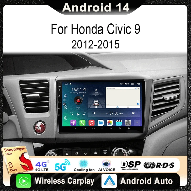 

For Honda Civic 9 2011-2015 Car Radio Multimedia Video Player Navigation Stereo GPS Android14 wireless Carplay Android Auto