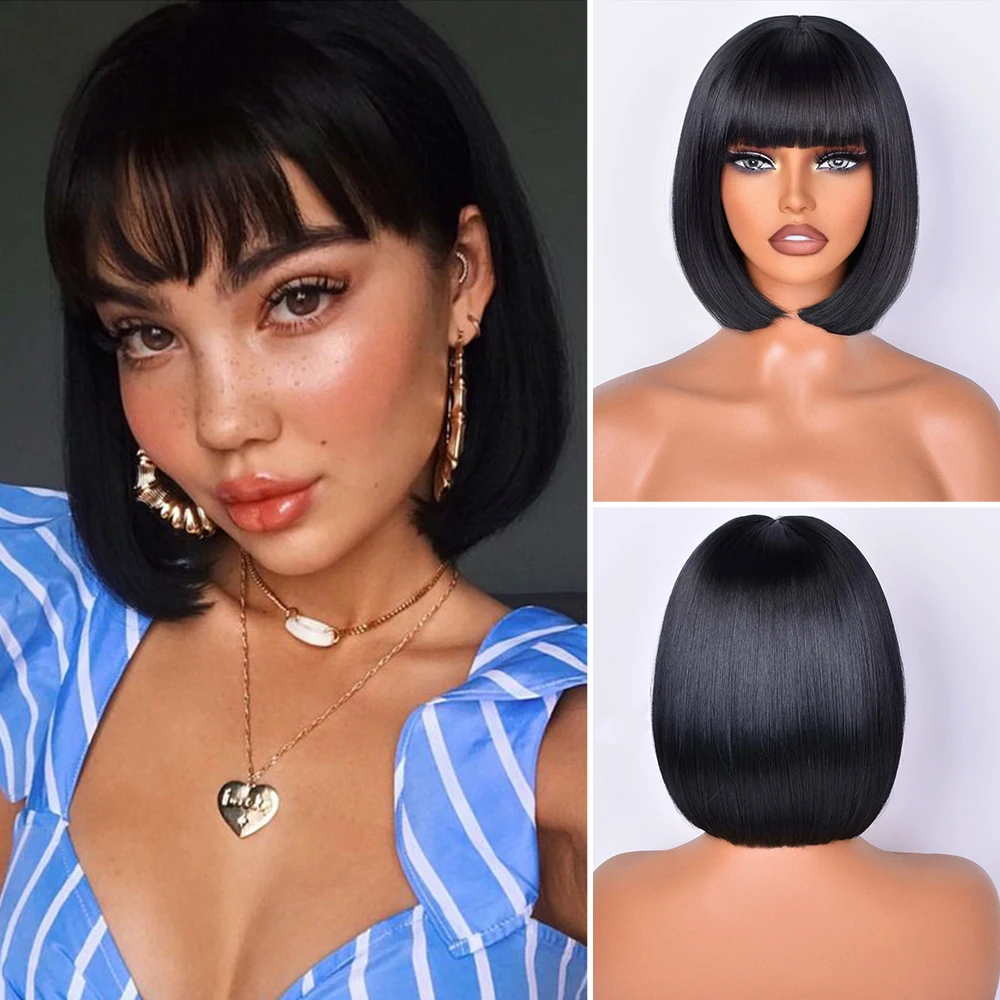 Black Short Bob Wigs for Women 10 Inch Straight Bob Hair Wig with Bangs Natural Synthetic Heat Resistant Wig for Daily Party