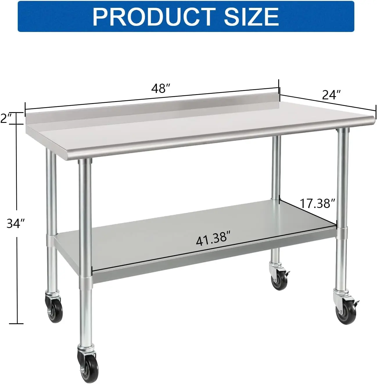 24 x 48 Inch Heavy‑Duty Stainless Steel Work Prep Table with Wheels and 2 Inch Backsplash, NSF‑Certified Commercial Kitchen Table with Adjustable Undershelf for Restaurant, Hotel and Home Kitchen