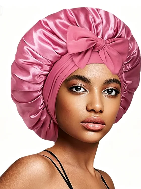 

Large Satin Bonnet with Bow, Extra Large Silk-Like Hair Care Sleep Cap, Adjustable Wide Band Night Cap for Women