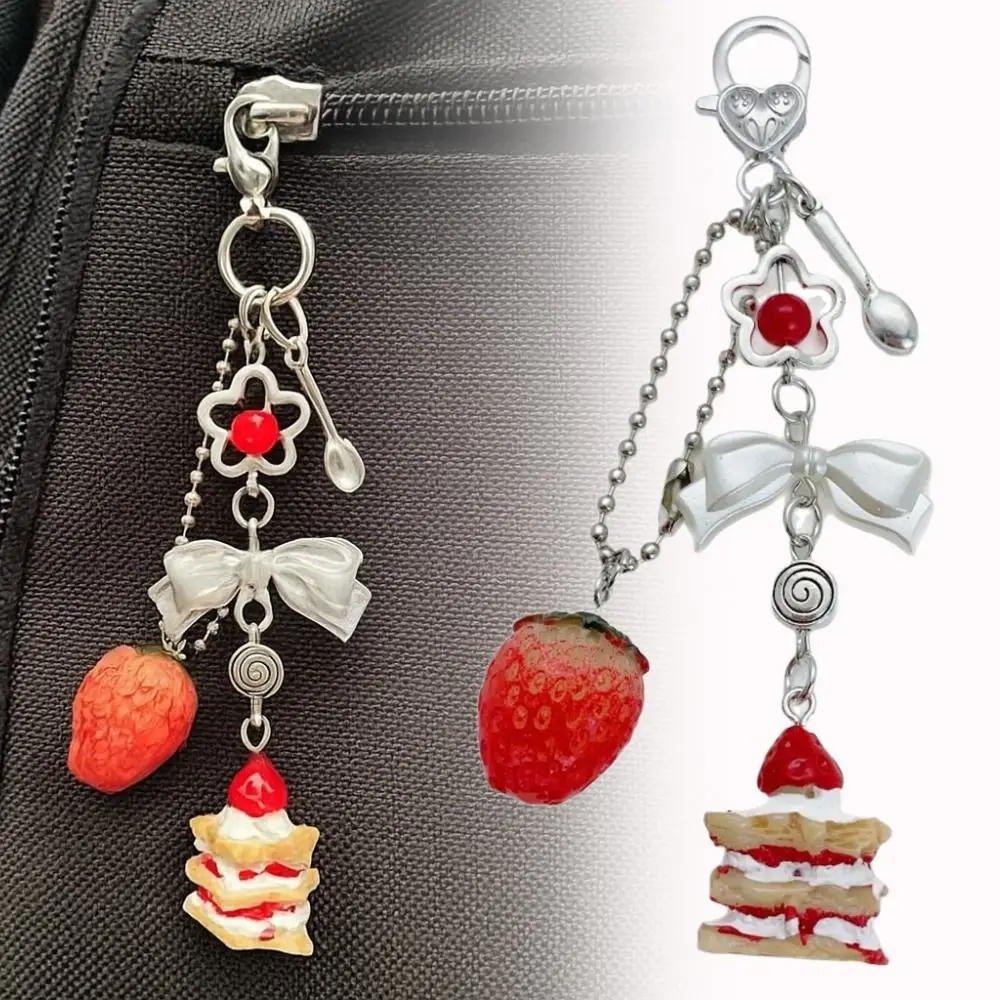 

Unique Bow Heart Phone Charm Cute Creative Strawberry Cake Pendant Keychain Luxury Beaded Phone Chain Bag Phone Accessories