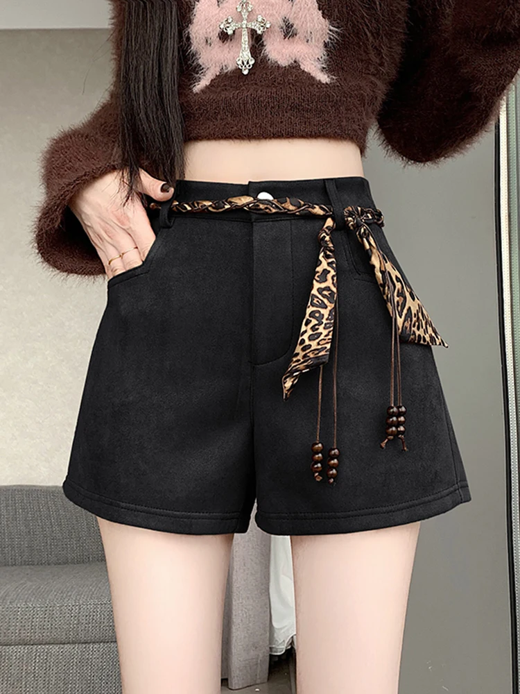 Hoge taille suède shorts Dames kaki casual broek A-lijn hotpants Herfst Winter Nieuw Sle afslankend effect Ci Walk Friendly