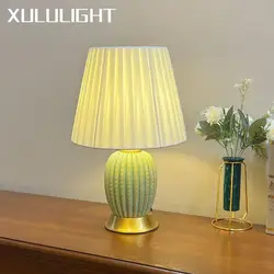 Light Luxury American Ceramic Table Lamp Fabric Lampshade Bedroom Bedside Table Lighting Decoration Home Living Room Desk Lamp