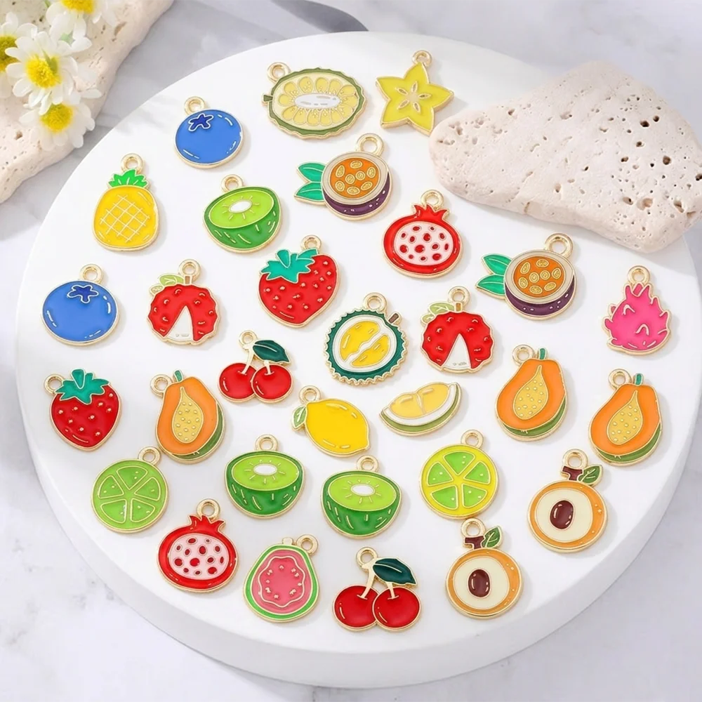15pcs Colorful Summer Fruit Charms Alloy Enamel Avocado Papaya Dragon Fruit Pendants DIY Jewelry Findings Accessories Wholesale