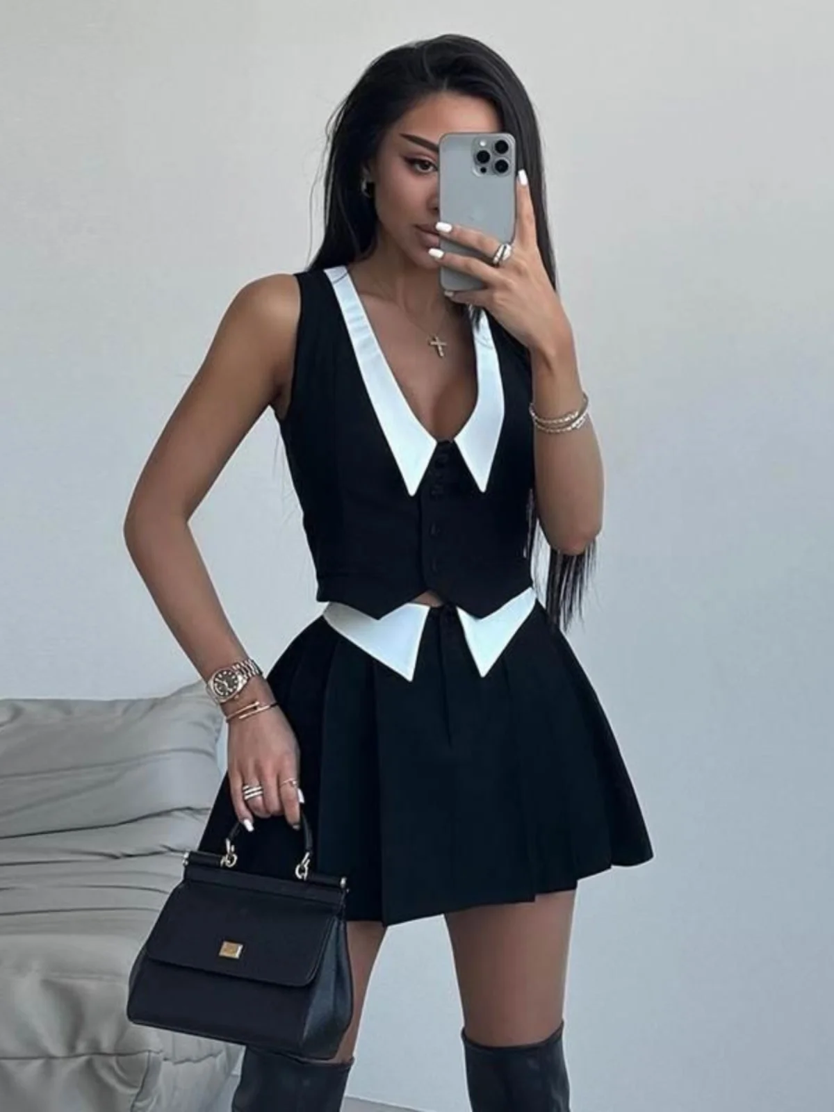 하이웨이스트 스커트와 스웨이드 돌칼라 탑 투피스 세트 캐주얼 패션 여성 의류 2024 봄 여름