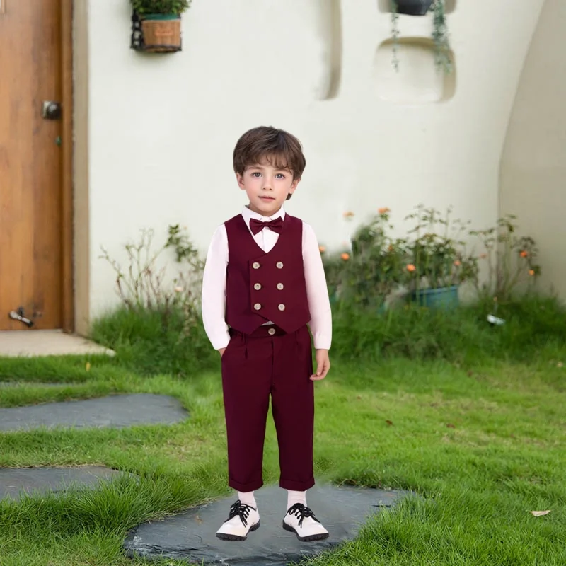 Kids 5Pieces Red Suit Set With Jacket Vest Pants Bowtie Brooch Flower Boys Wedding Dress Children's Birthday Photogrphy Outfit 