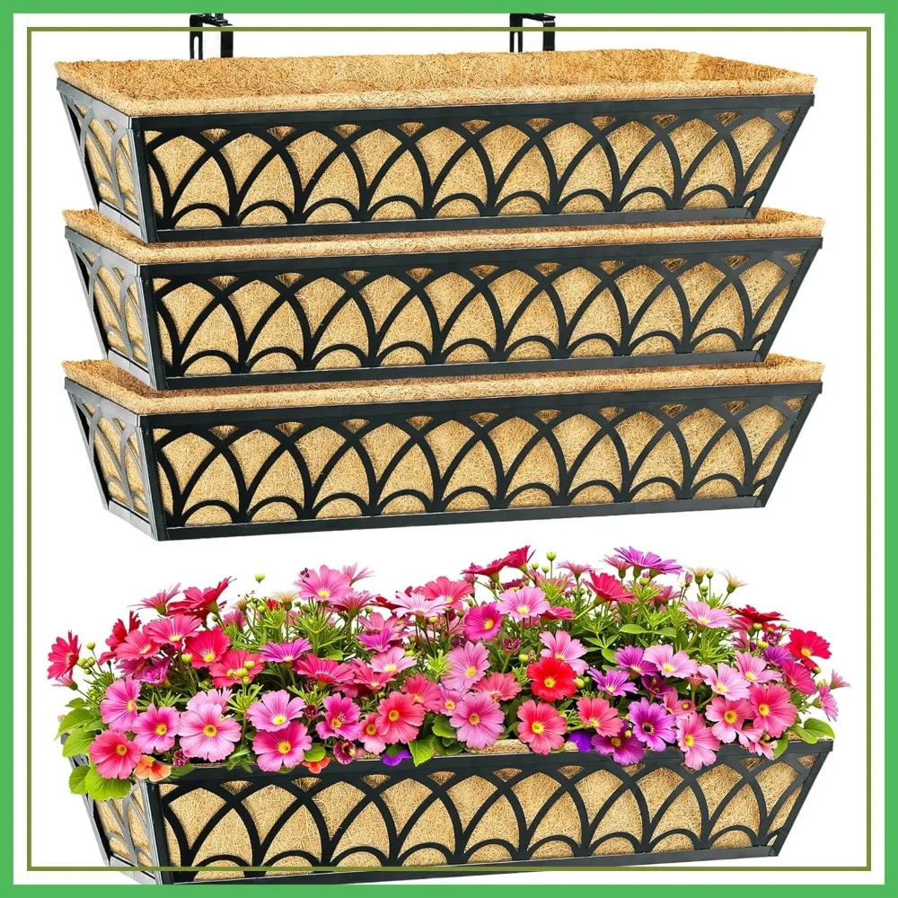 

30 Inch Railing Planter Box Set of 4 with Adjustable Brackets and Coco Liners for Balcony, Window, Outdoor Garden Decor