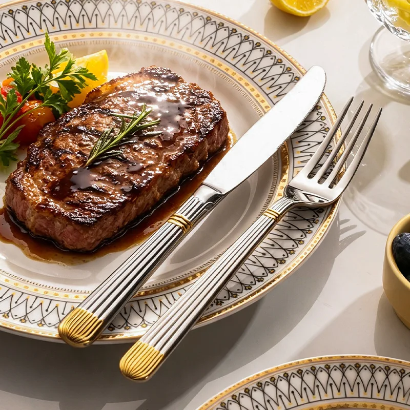304 stainless steel tableware set, knife, fork and spoon, high-end restaurant Roman pattern steak knife, fork and orange gift