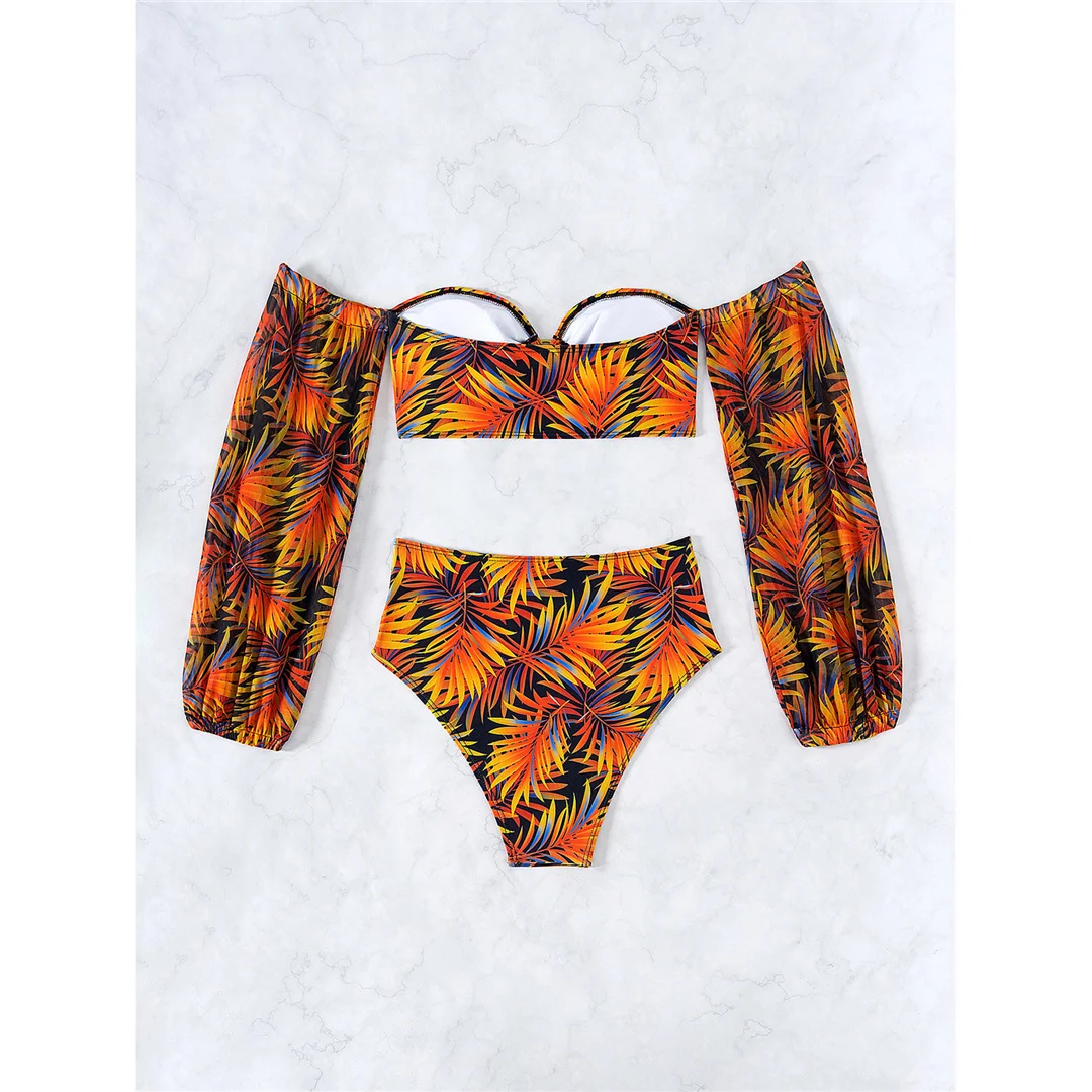 S - XL, bedruckter, langärmliger Bikini mit hoher Taille, Damen-Badeanzug, zweiteiliges Bikini-Set, Badebekleidung, Badeanzug, Modell V6920. – Detail 5