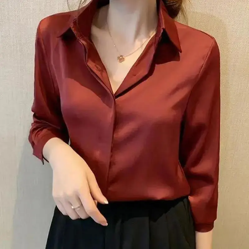 Women Clothing Office Lady Buttons Solid Color Turn-down Collar Long Sleeve Blouse Autumn Business Casual Cardigan Shirts Femme