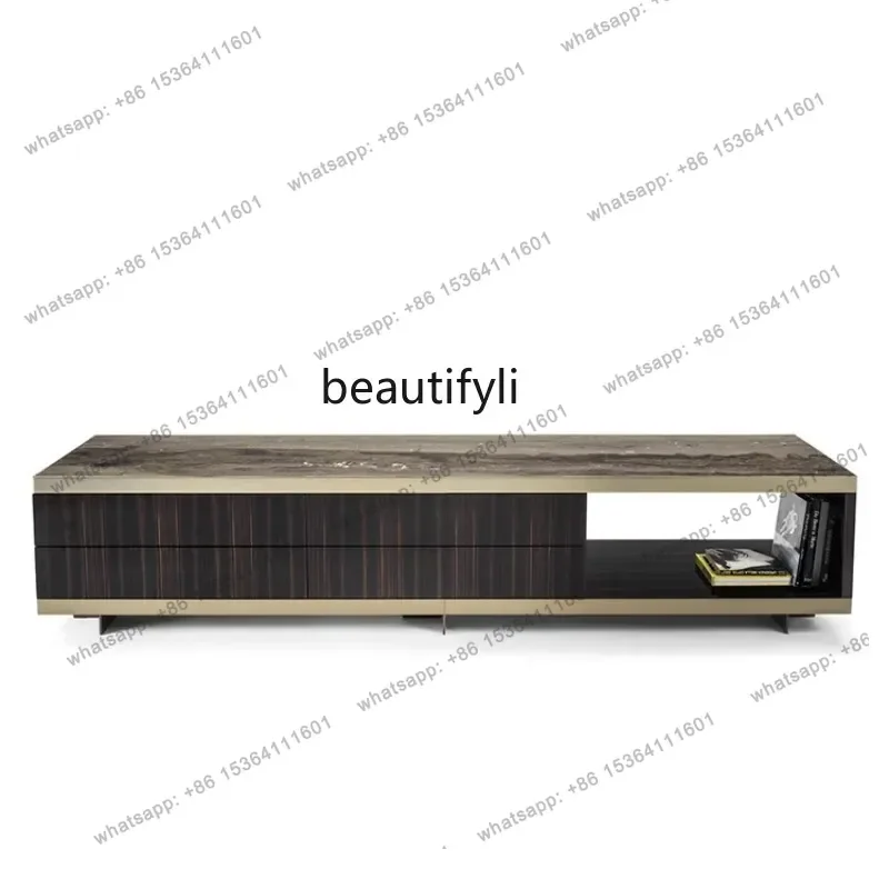 

Italian-Style Light Luxury Living Room Background Wall Cabinet Floor Stainless Steel Frame Wood Grain Paint TV Cabinet