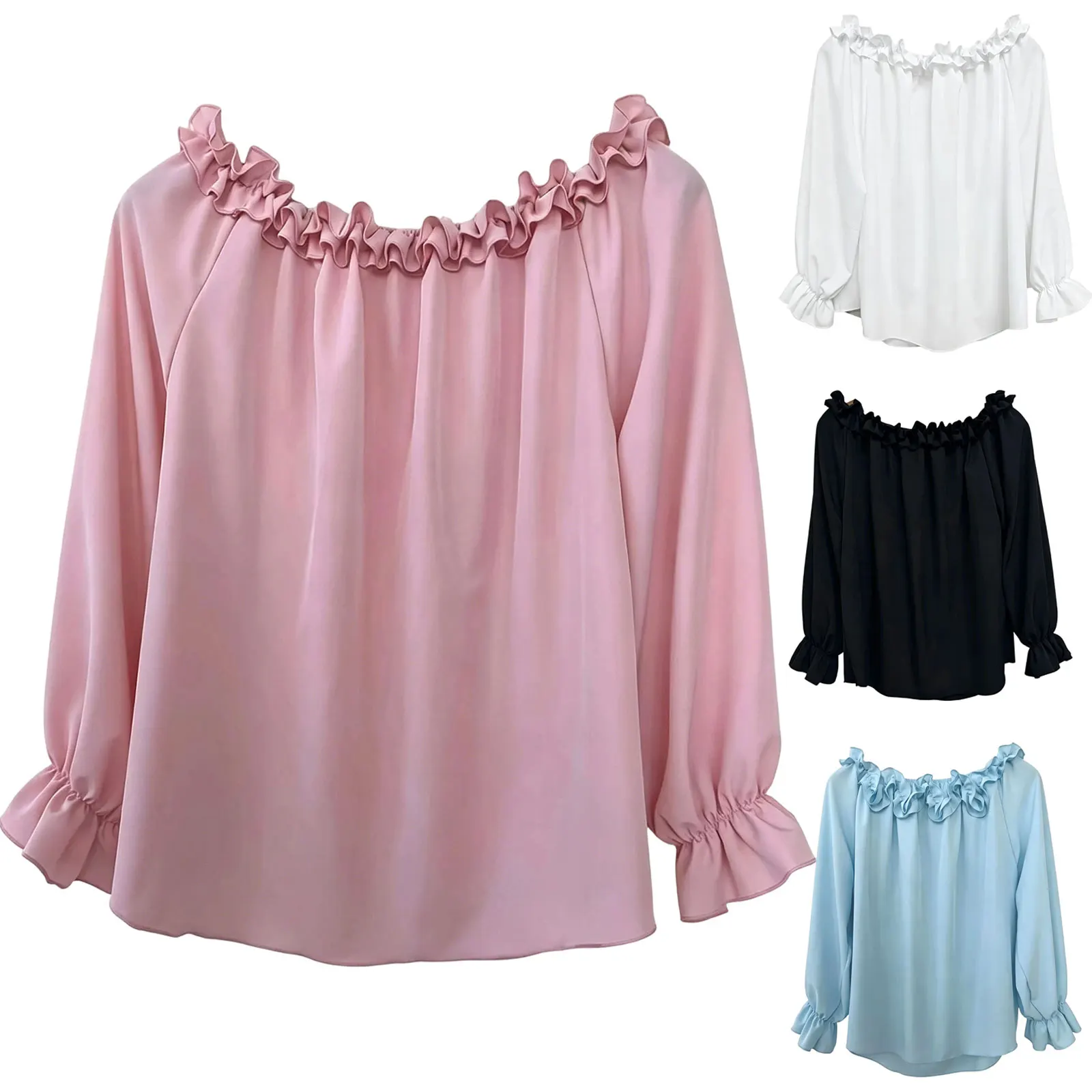 Women Off Shoulder Ruffled T Shirt Puff Long Sleeve Flared Cuff Loose Chiffon Top Elegant Vacation Beach Boho Casual Summer Tees