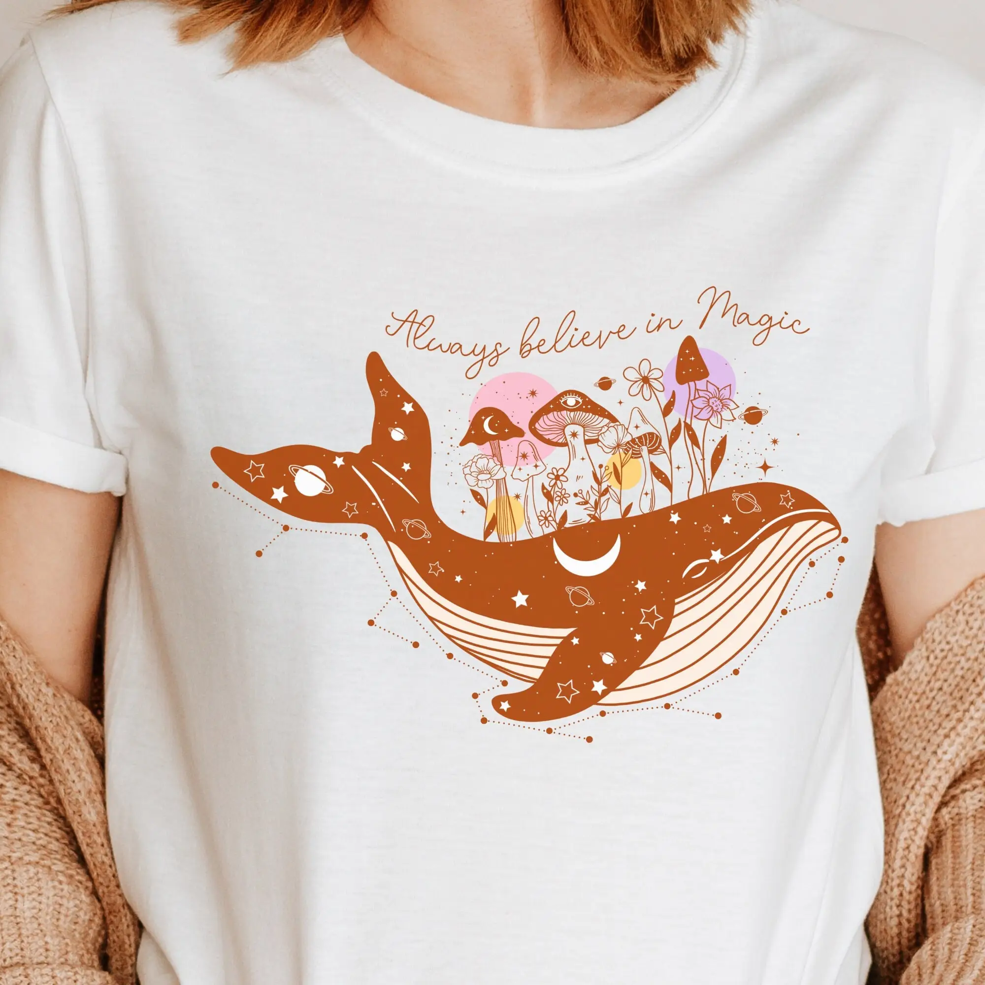 Vintage Magic T Shirt With Affirmation For Courage Inspiration Whale And Mushrooms Astro Retro Front Or Back Print