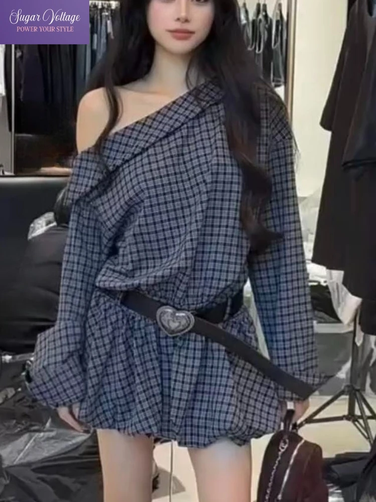 Vintage Fashion Dress Women Autumn Plaid Shirt Dress One Shoulder Design Slim Fit Waist Retro Chic Korean Elegant Street Outfit