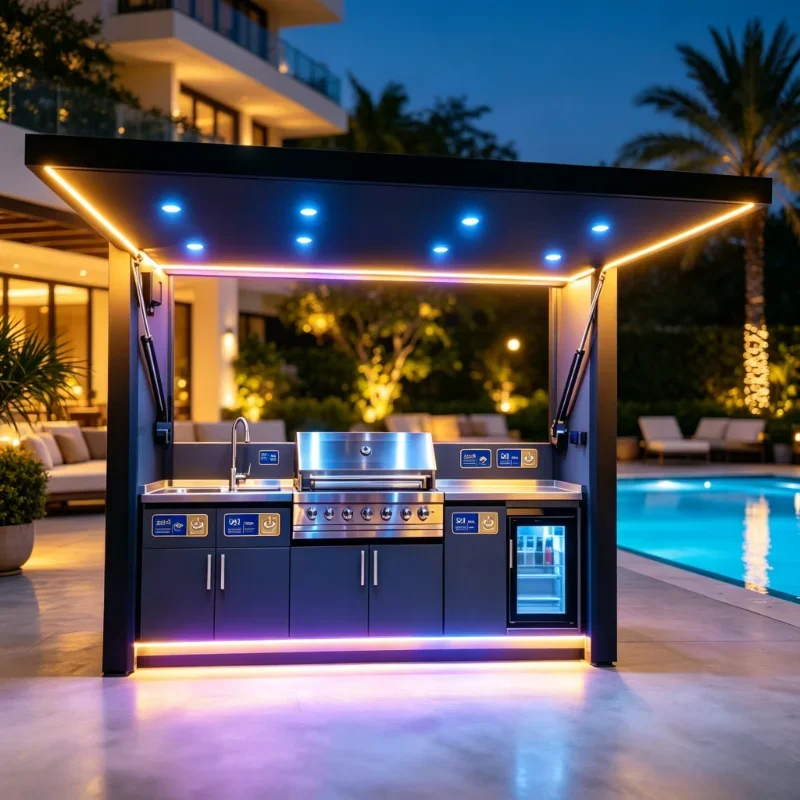 Complete Integrated Stainless Steel Kitchen Station Custom Outdoor BBQ Pizza Oven Unit with Waterproof Windproof Pergola