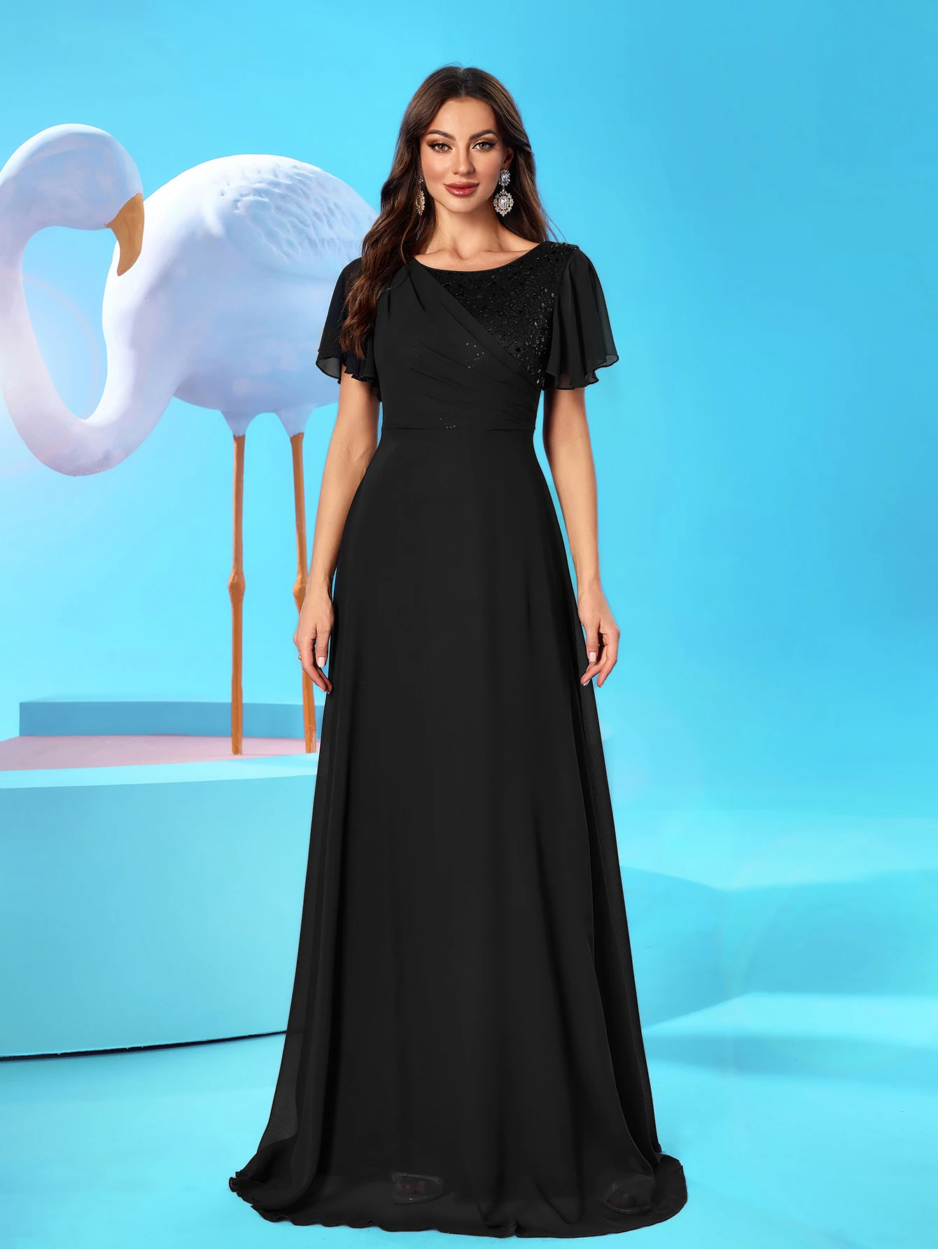 UNITHORSE جولة الرقبة الدانتيل كم مطرز الترتر لصق الشيفون مساء اللباس تنورة #3