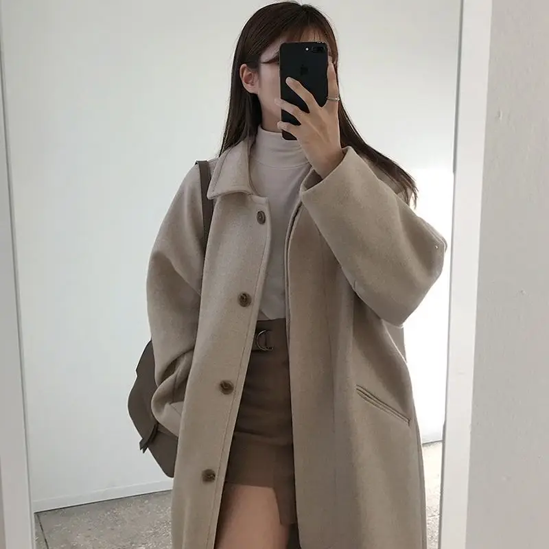 Black Long Coat Women Thick Winter Korean Short with Velvet Mid-length Woolen Coat Woman Parkas Free Shipping Wrap Coat Autumn