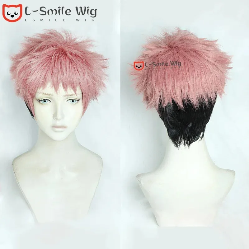 

vivi 2025 Anime Wig Pink Gradient Black Short Cosplay Yuji Itadori Heat Resistant Halloween Wigs + Fre