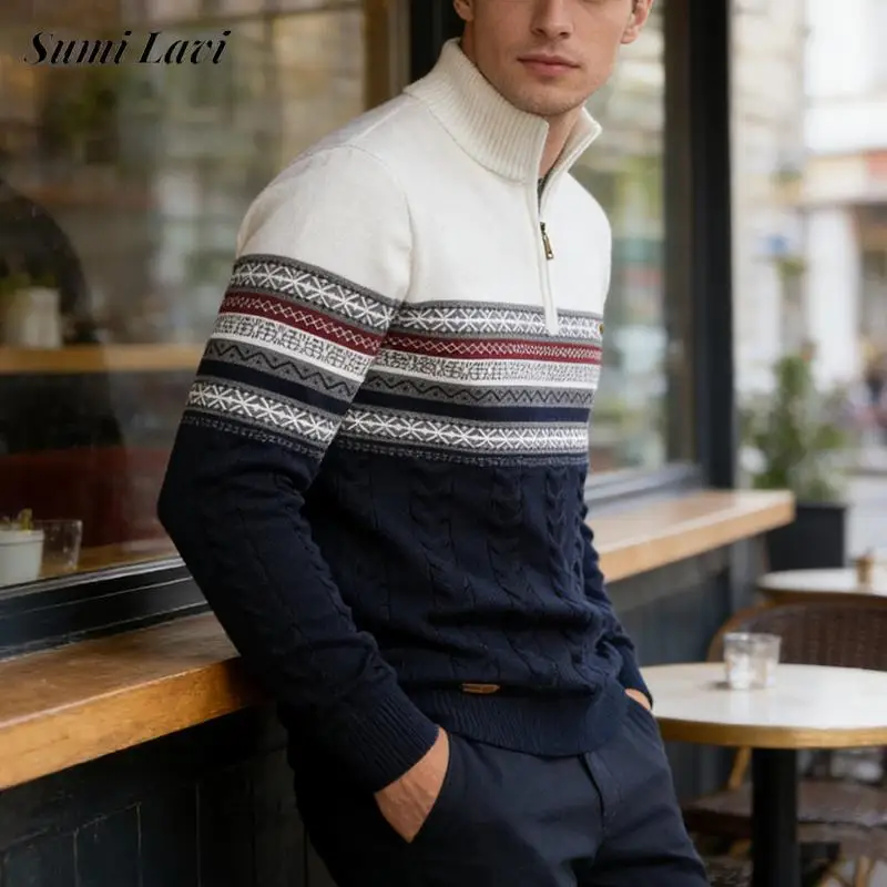 

Облегающие эластичные свитера с длинным рукавом для мужчин, зимние теплые вязаные джемперы, мужские винтажные полосатые контрастные цвета, вязаный свитер